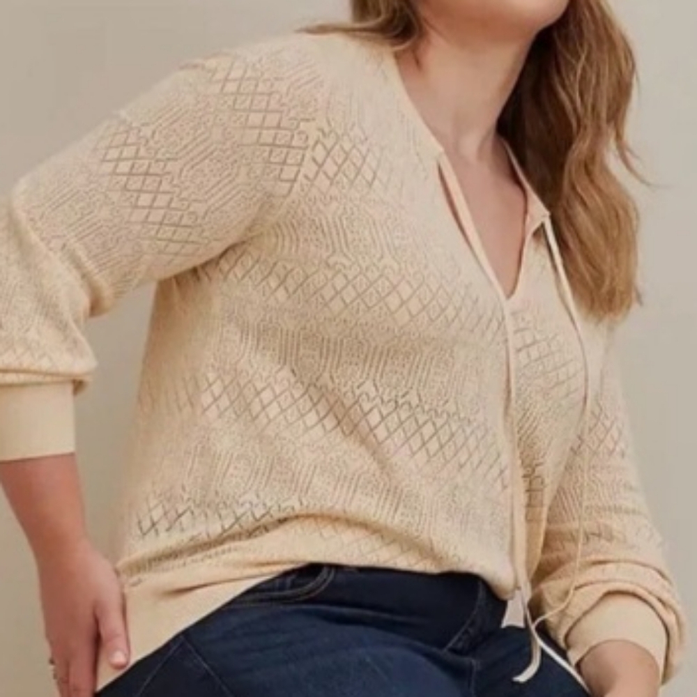 3X Torrid Pointelle Pullover Tie Neck Long Sleeve Sweater